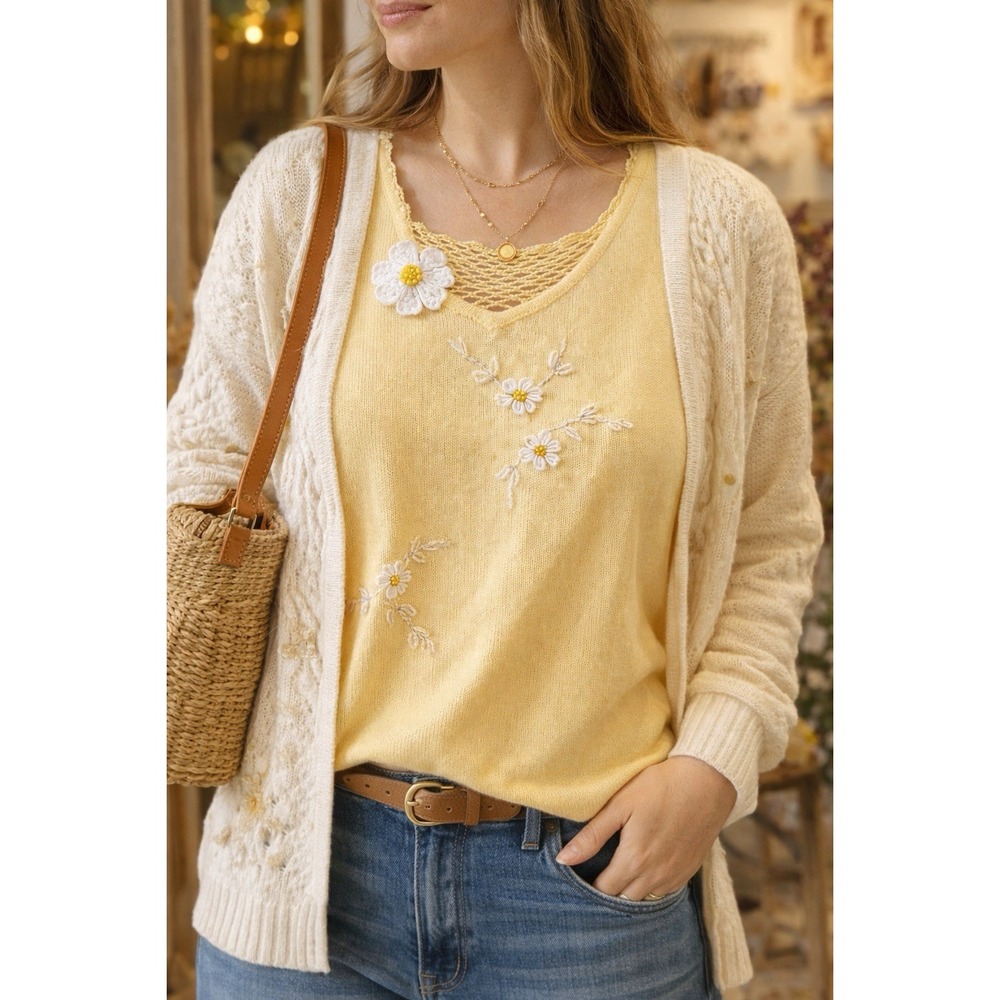 Cottagecore Floral Knit Tank 1X 2X Yellow Embroidered Crochet Boho Ramie Cotton